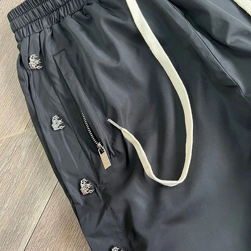 Real Pics Nylon Pans With Straight Loose Button High Street 1 Black Pants And Sweatpants