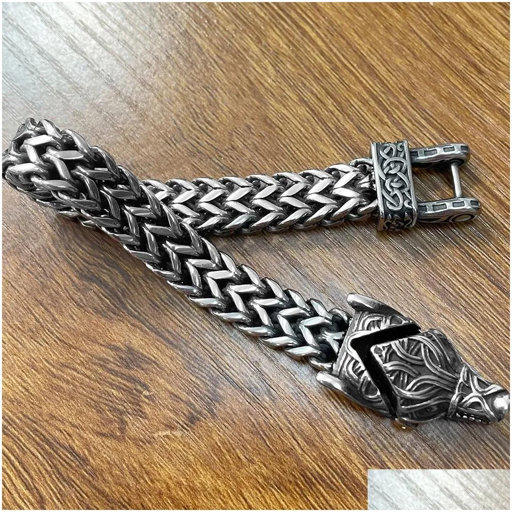 Chain Norse Wolf Bracelet For Men 14K White Gold 12Mm Mesh Link Open Mouth Mens Bracelets Nordic Jewelry 21/23Cm Drop Delivery Dhsgm