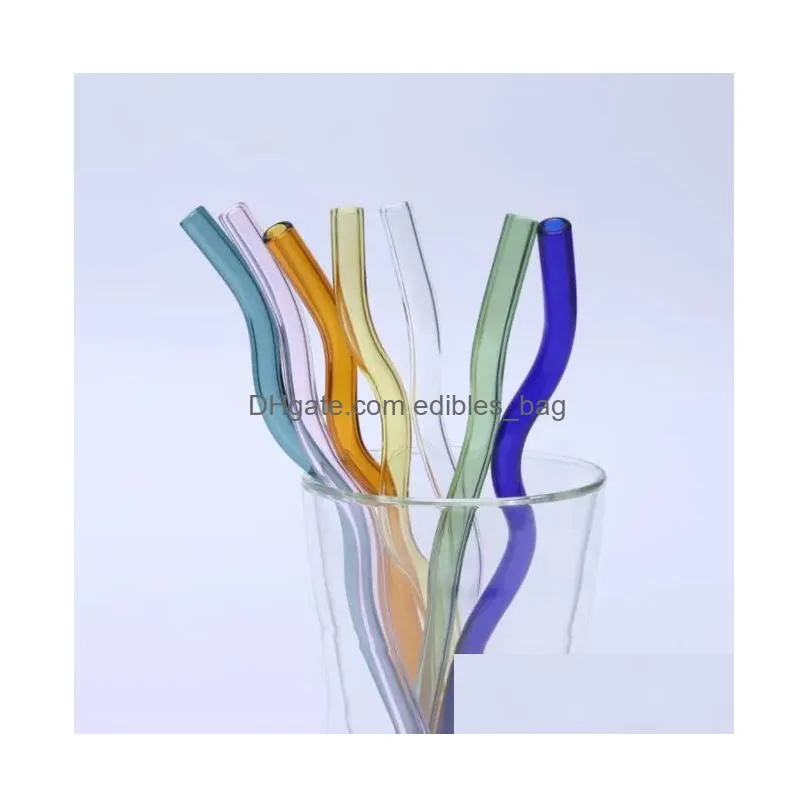 reusable eco 8x200mm borosilicate glass drinking straws high temperature resistance clear colored bent wavy milk tail straw