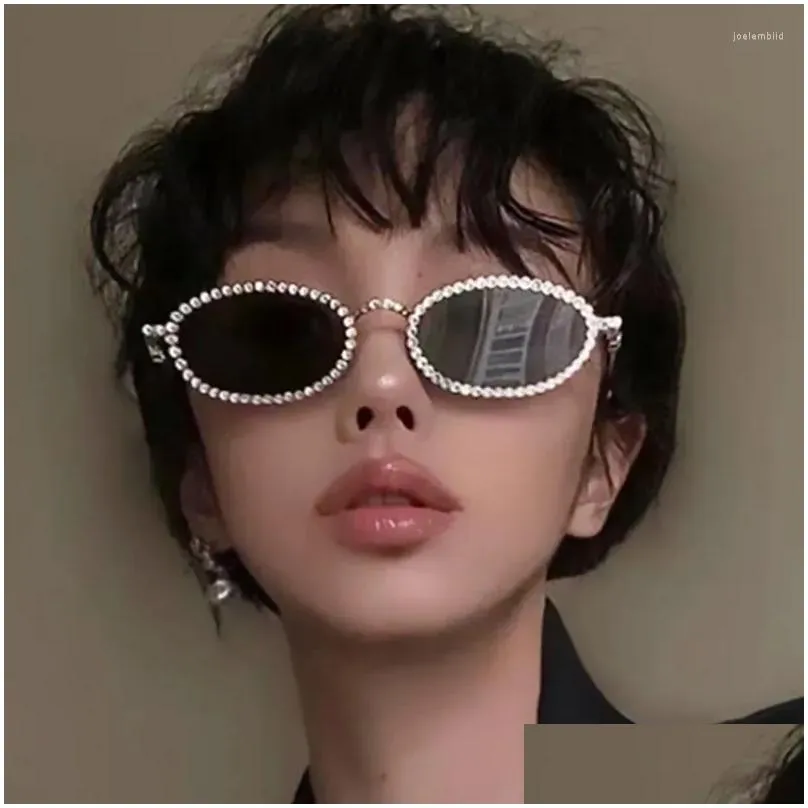 Sunglasses Luxury Rhinestone Bling Oval Women Fashion Vintage Metal Sier Sun Glasses Men Designer Feamle Shades Drop Delivery Dhe2L