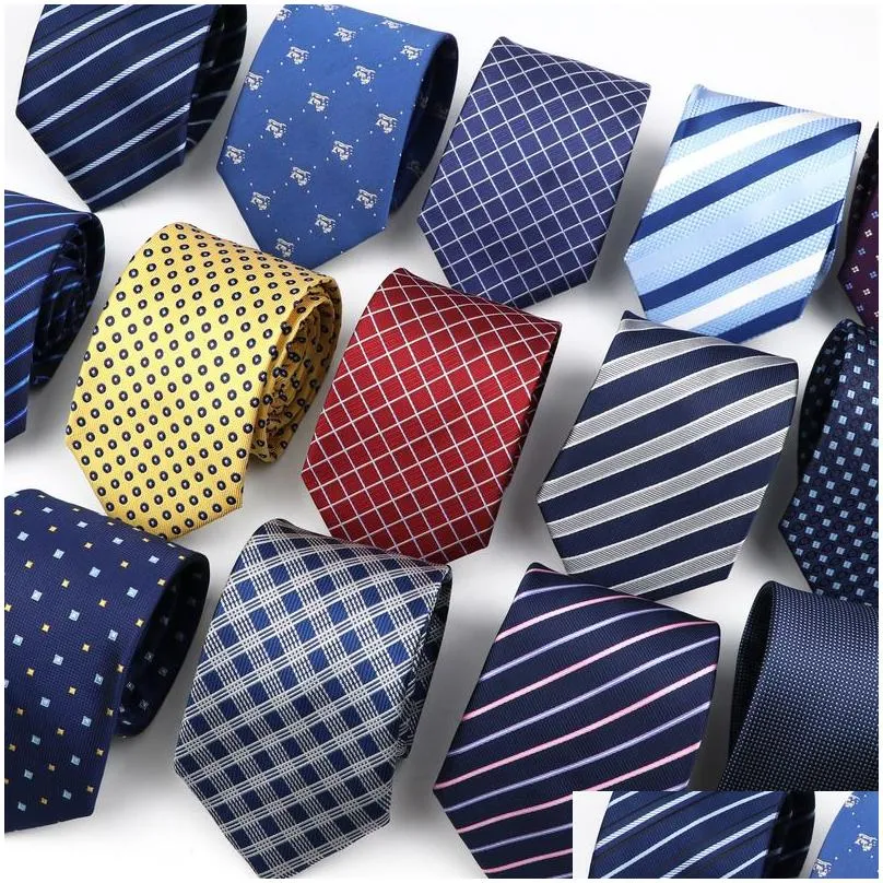 Neck Ties Fashion Mens Business Tie Classic 8Cm Stripe Plaid Polyester Jacquard Necktie Red Blue Black High Quality Daily Wear Cravat Dhjpf