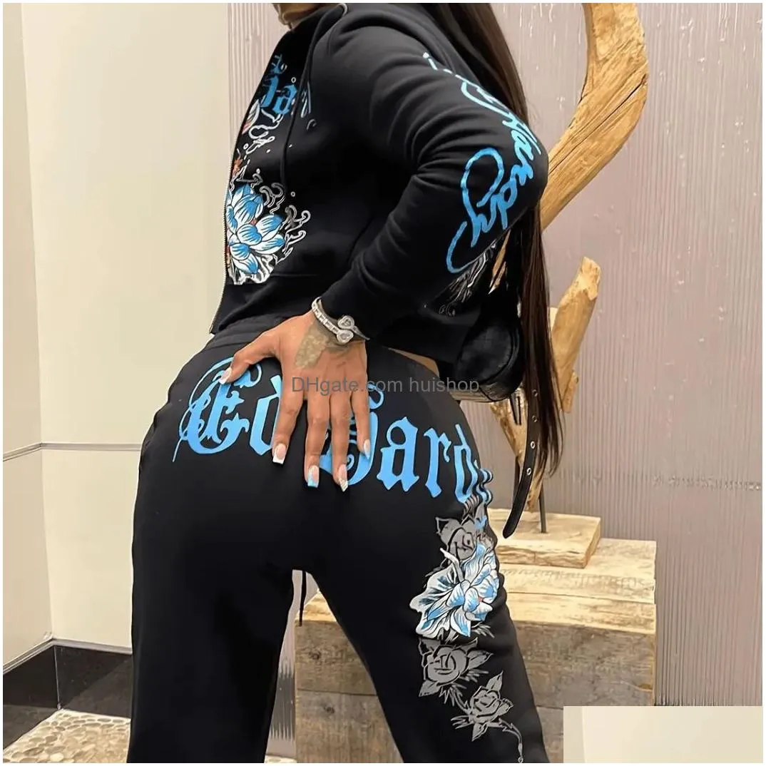 fashion streetwear women printing zipper long sleeve crop top and jogger pants two piece sets casual sporty 2pcs outfits
