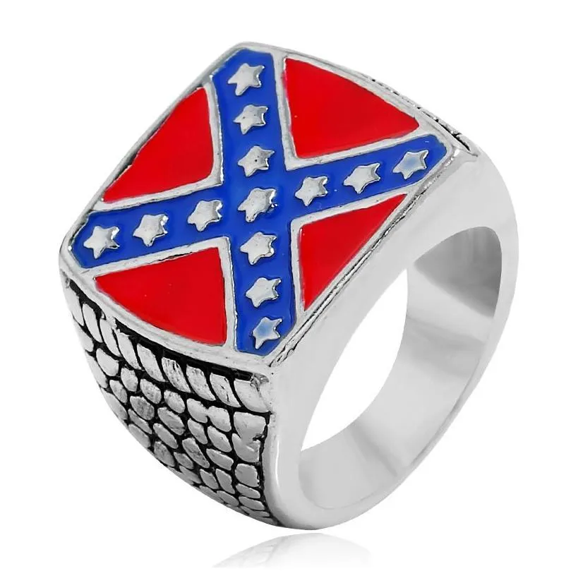Solitaire Ring Mens Stainless Steel Federal American Federation Red Blue United States Us Flag Star Shape Cross X Intersect Confedera Dhwm0