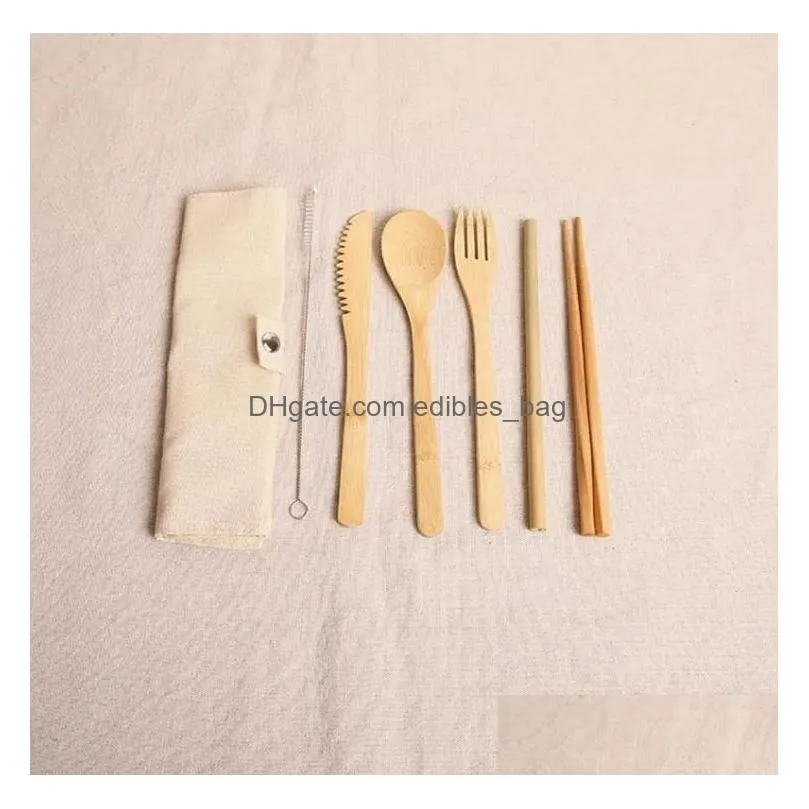 sets wooden dinnerware bamboo teaspoon fork soup knife catering cutlery set with cloth bag kitchen cooking tools utensil