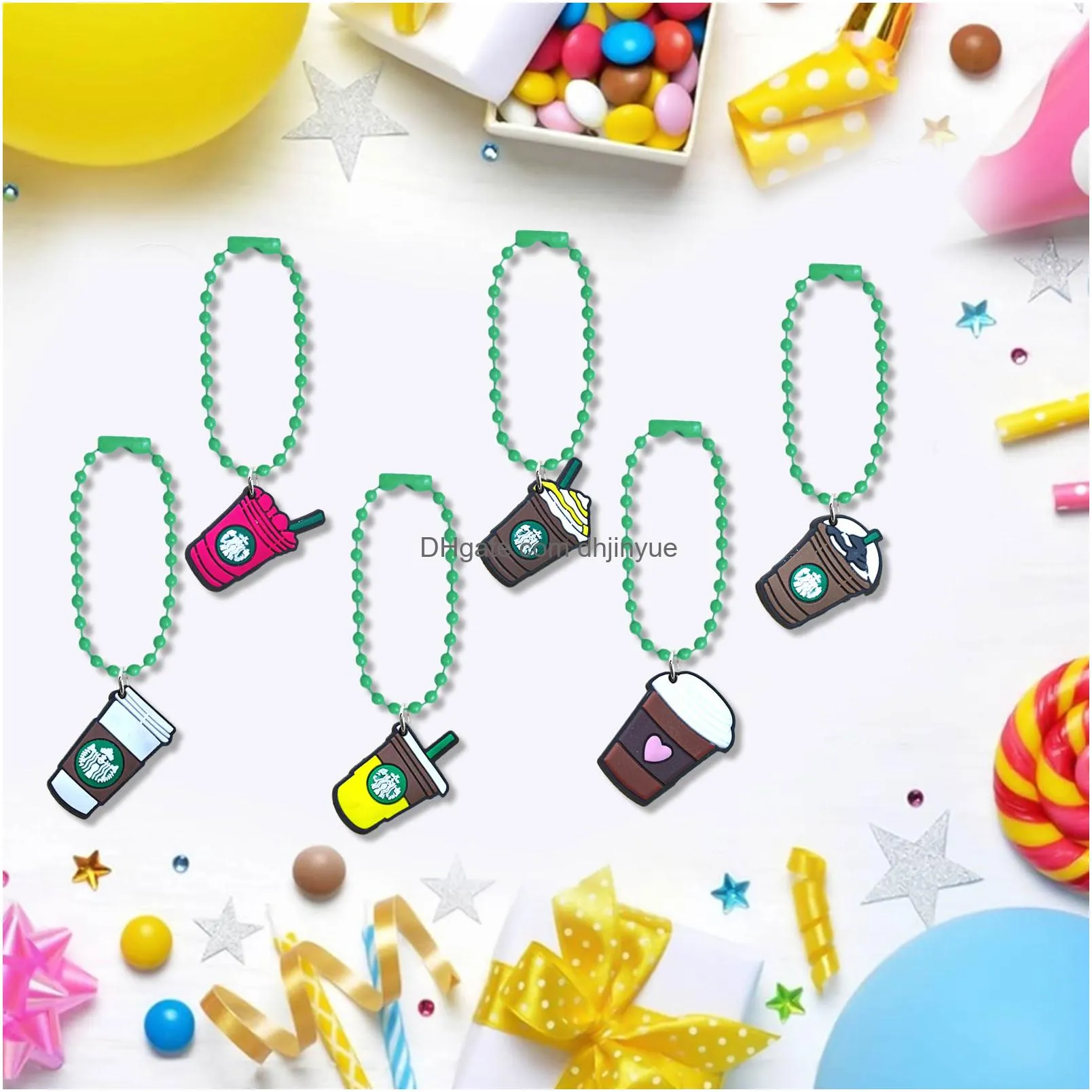 12pcs cartoon keychain creativity coffee cup ball bead key ring cartoon fashion personality keyrings charms car key ring for women girls bag