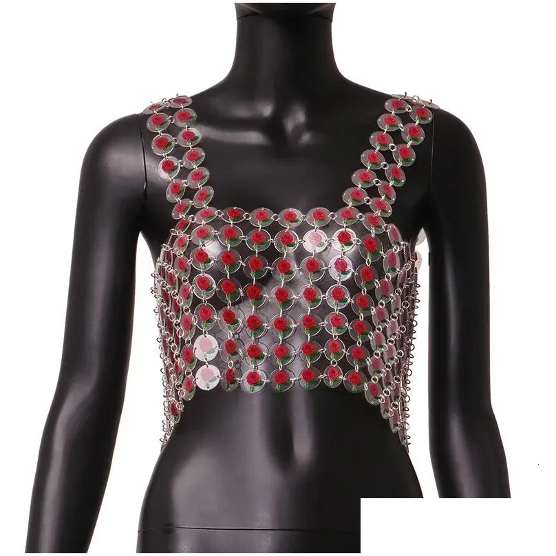 Navel & Bell Button Rings Fashion Body Chain Jewelry Girls Red Rose Mail Flower Harness Top Women Daisy Chainmail 230130 Drop Deliver Dh96O