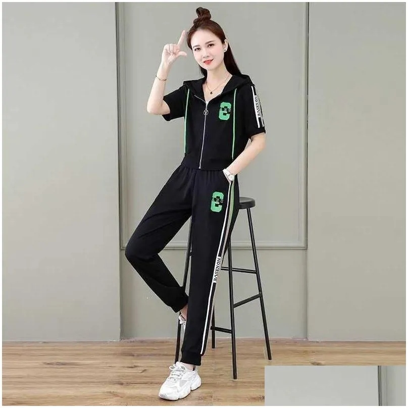 Women`S Two Piece Pants Womens 2023 Summer New Tracksuit Loose Fashion Casual Short Sleeve Hooded Top Sets Sweat Suit For Women Cloth Dh9Ge