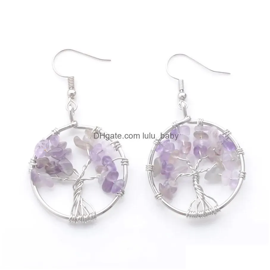 natural chips stone dangle chandelier tree of life wire wrap round silver hook drop earring for women gift jewelry br343