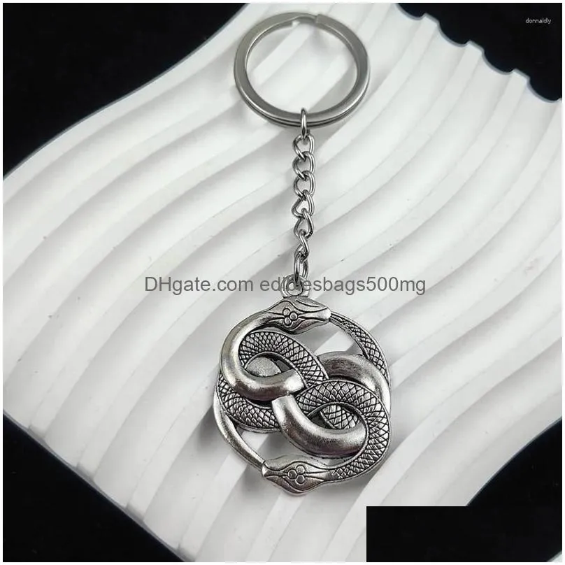 Other Home Decor Keychains Alloy Round Double Snake Key Chains Siery Animal Metal Keychain Keyring Gothic Jewelry Women Men Car Deco Dhvpm