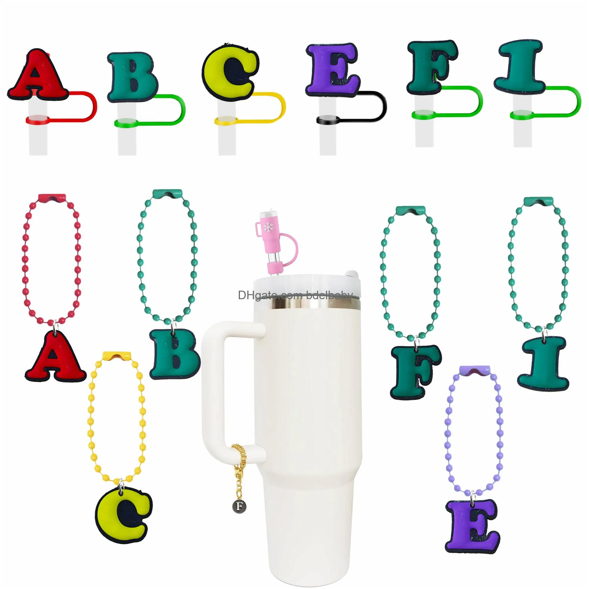 colorful letter straw cover cap compatible cute silicone straw topper protector lid with 6 letter charm for  cup accessories