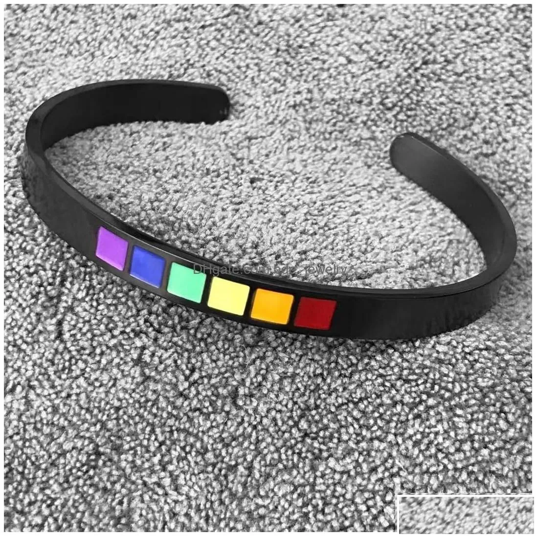 Bangle 6Mm Rainbow Color Cuff Bracelets For Men Women Jewelry Stainless Steel Lesbian Gay Pride Metal Bracelet Pink Lgbt Stripe Gift