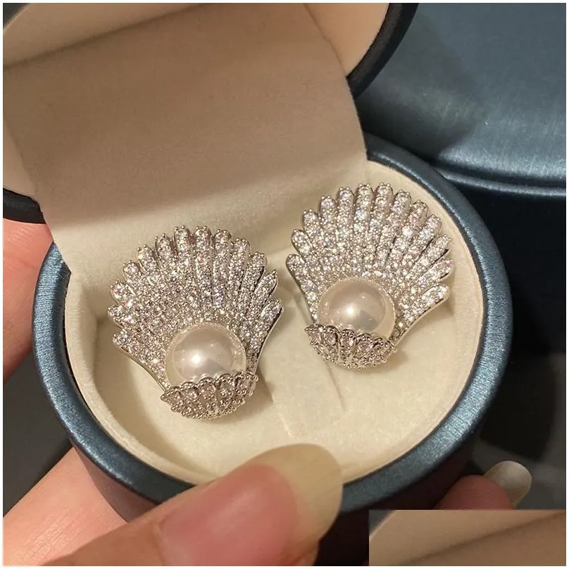 Stud Designer Women Earrings Pearl Ear Sier Needle Earring Zirconia Diamond Lady Elegant Fashion Girl Shell Scallop Shape Earing Drop Ot0Zv