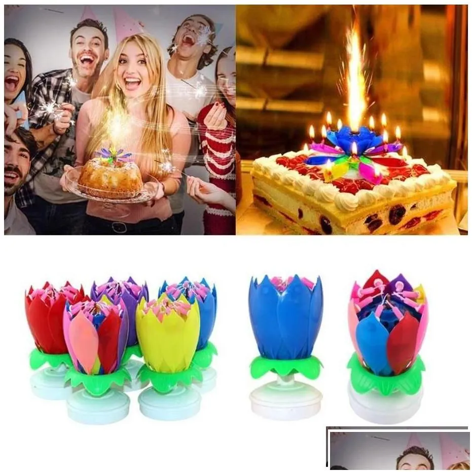 Other Festive Party Supplies Musical Birthday Candle Magic Lotus Flower Candles Blossom Rotating Spin Party 14 Small 2Layers Cake To