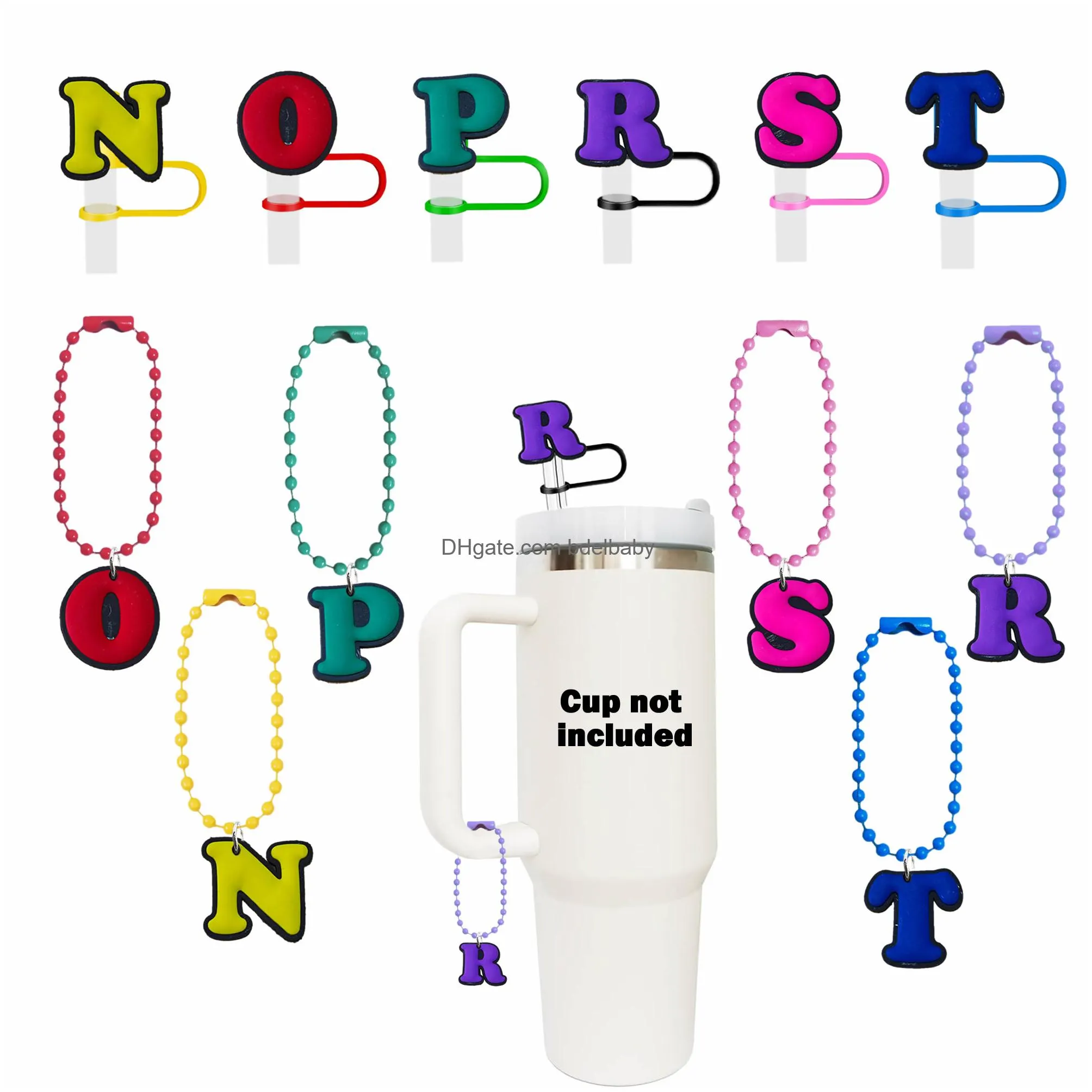 colorful letter straw cover cap compatible cute silicone straw topper protector lid with 6 letter charm for  cup accessories