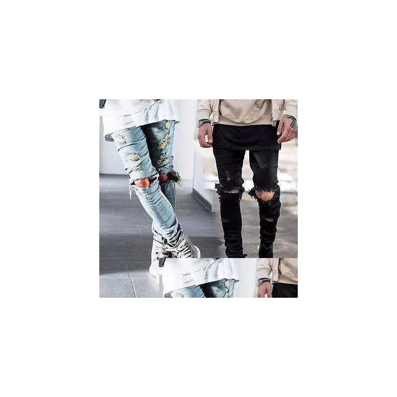 Men`S Jeans Wholesale-Mens Ripped Skinny Straight Slim Elastic Denim Fit Biker Pants Long Stylish Drop Delivery Apparel Clothing Dh0Rc