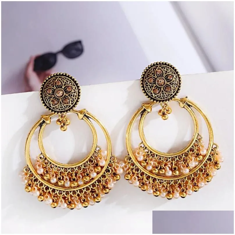 Dangle & Chandelier Retro Bohemia Round Jhumka Earrings For Women 2024 Indian Jewelry Ethnic Gold/Sier Color Flower Pearl Tassel Wedd Dhvg5