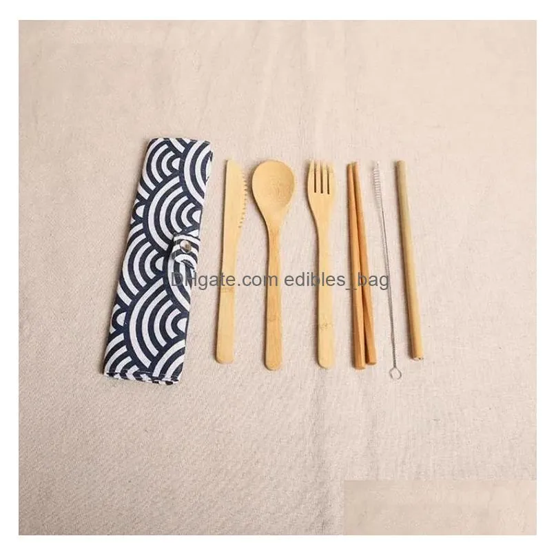 sets wooden dinnerware bamboo teaspoon fork soup knife catering cutlery set with cloth bag kitchen cooking tools utensil