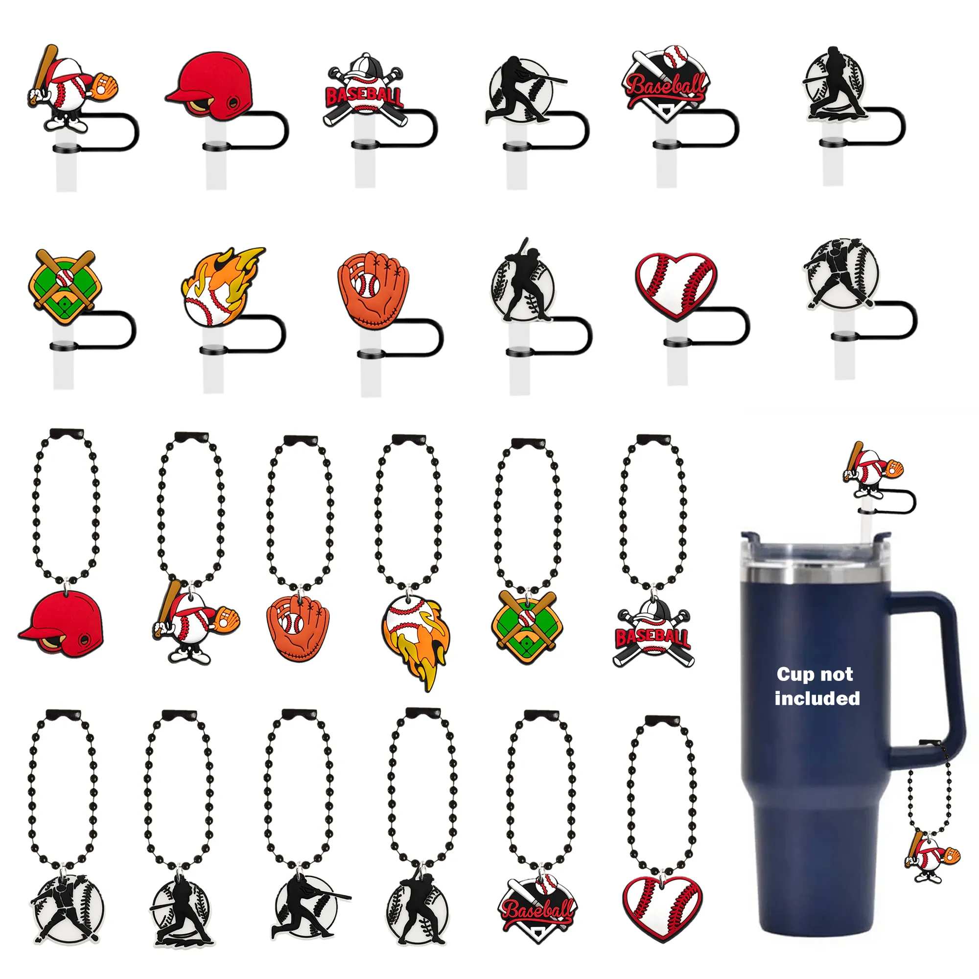 cartoon baseball straw cover cap compatible with  cup cute silicone straw topper protector lid with 6 baseball charm for  cup accessories