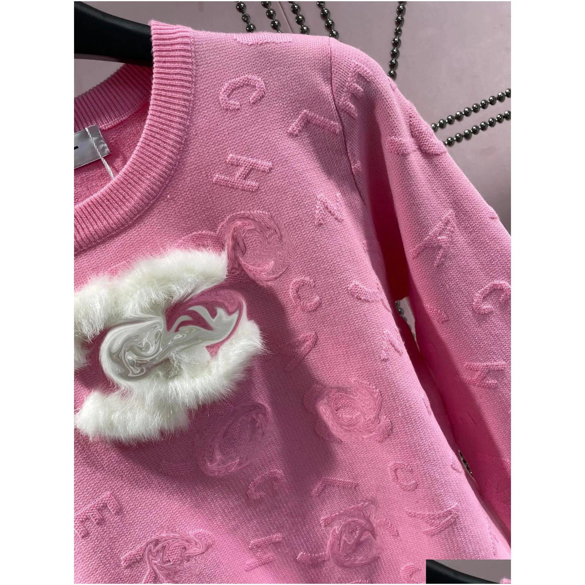 Women`S Sweaters 2023 Runway Winter Letter Pattern Knitting Fashion Fur Design Long Sleeve Casual O-Neck Women Plover Jumper Drop Del Dhvw6