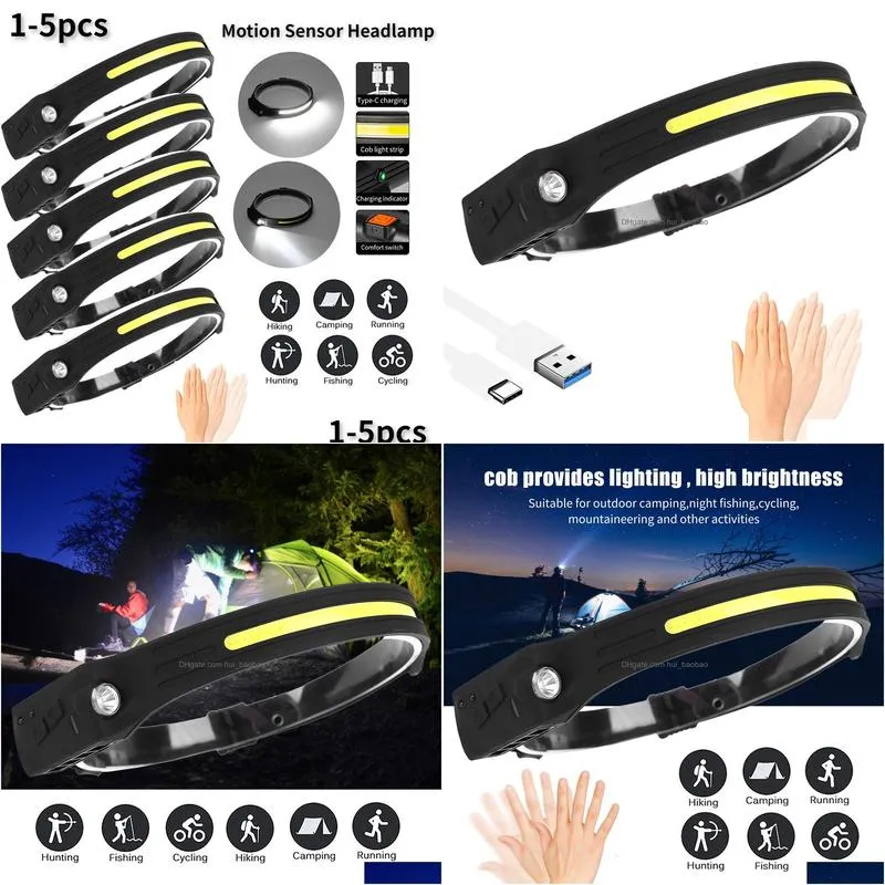 headlamps led headlamp sensor induction headlight waterproof usb rechargable flashlight cob head lamp 4 lighting mode work light torch