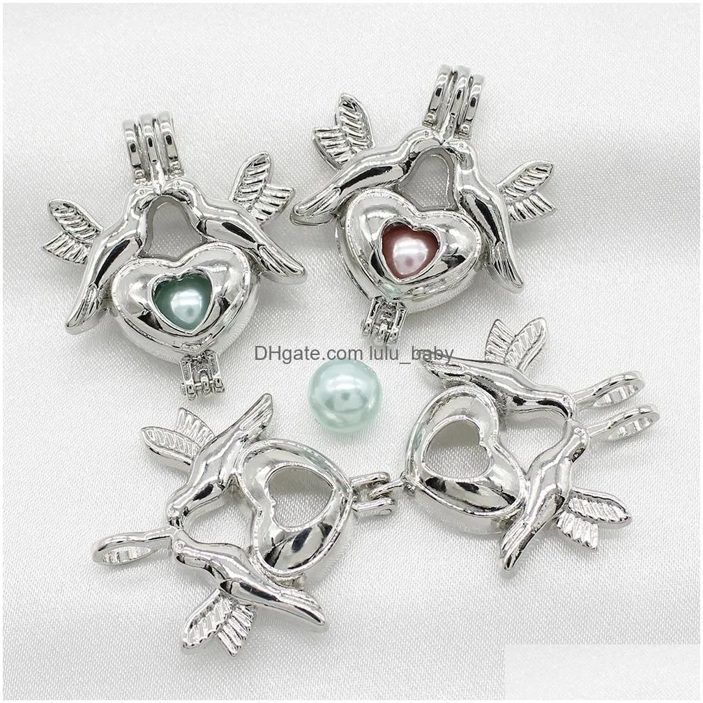  silver peace bird  heart pearl cage jewelry making pendant perfume essential oil diffuser lockets necklace charms