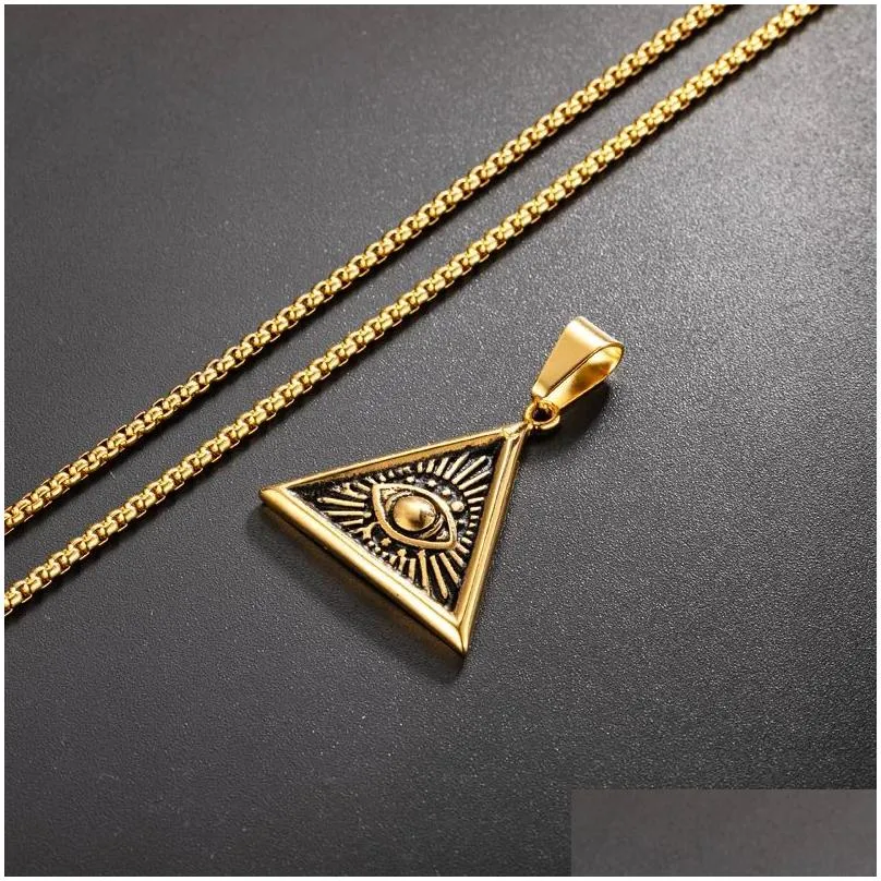 Pendant Necklaces Egyptian Egypt Pyramid Necklace 14K Yellow Gold All-Seeing Evil Eye Geometric Triangle Jewelry Drop Delivery Pendant Dhzmq