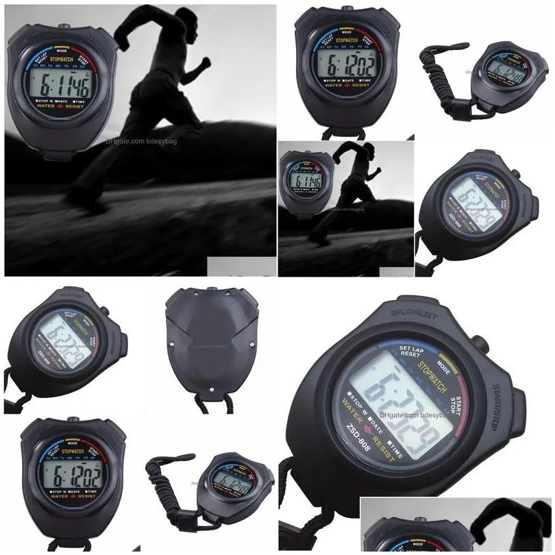 wholesale Timers Abs Waterproof Digital Timer Professional Handheld Lcd Chronograph Sports Stopwatch Stop Watch With String Drop Delivery Offi