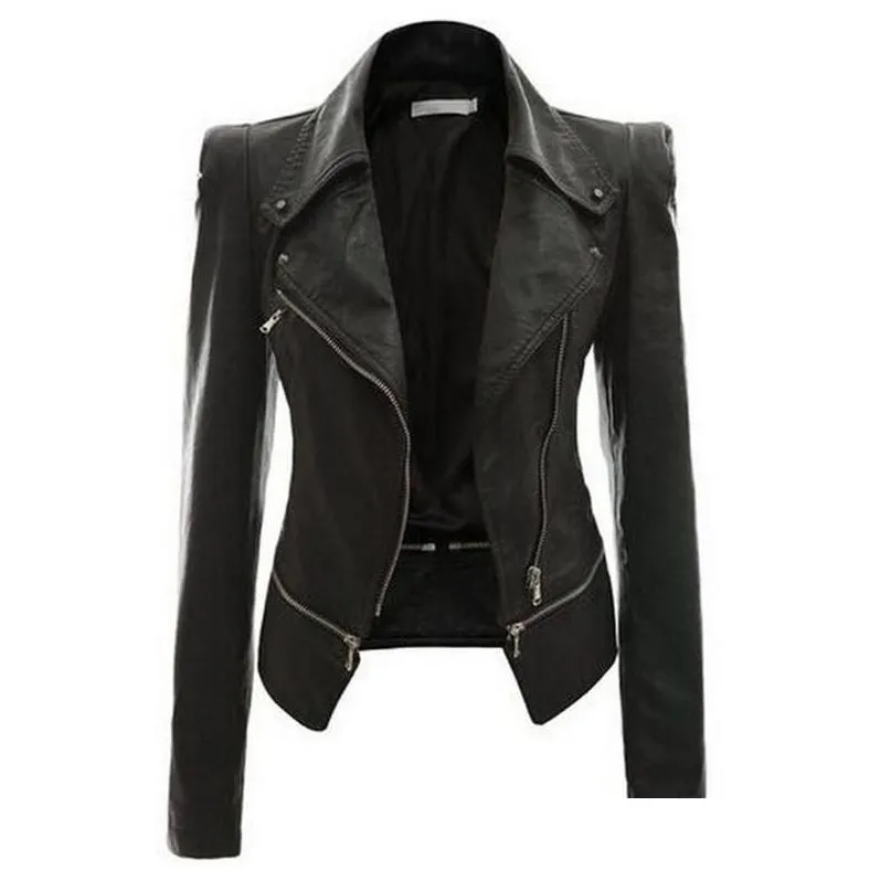 autumn punk style women pu leather jacket black slim zipper lapel collar motor cool street fashion plus size warm jackets