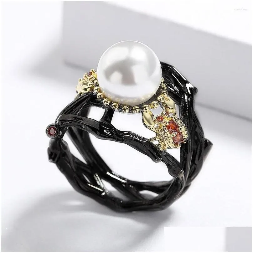 Cluster Rings Fashion Inlaid Pearl Black Gold Ring For Womens Bohemian Style Jewelry High Handmade Party Engagement Drop Delivery Dhqsd