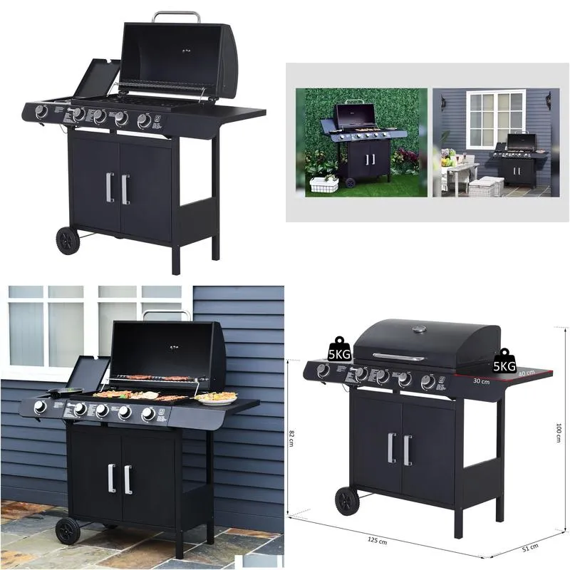 Outsunny Gas BBQ Grill 4 + 1 Stainless Steel Burner Garden Yard Barbecue Cooker