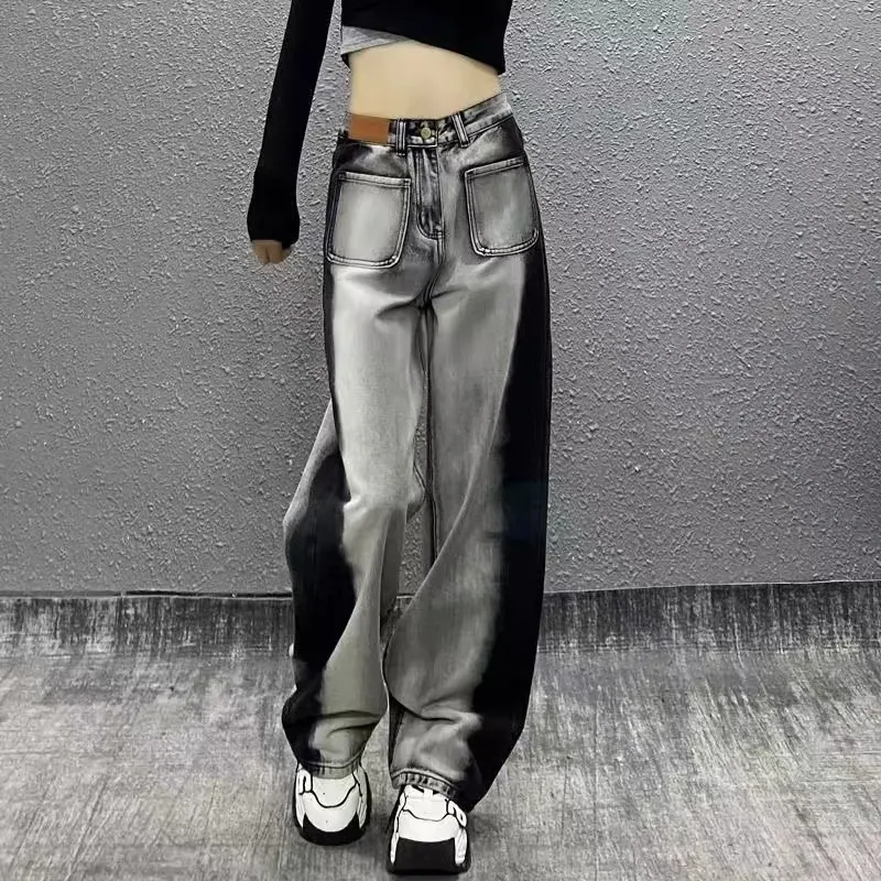 Color blocking jeans for women`s spring and autumn 2024 straight and loose design, high waisted and slim, versatile wide leg mop pants