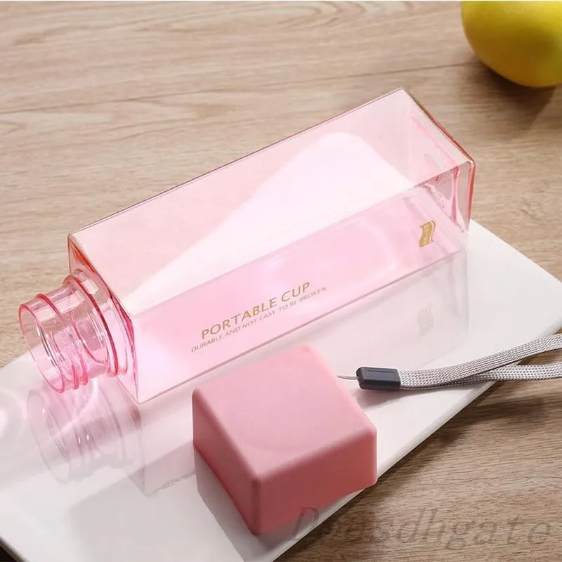 Cute New Square Tea Milk Fruit Water Cup 500ml for Water Bottles drink with Rope Transparent Sport Korean style Heat resistant