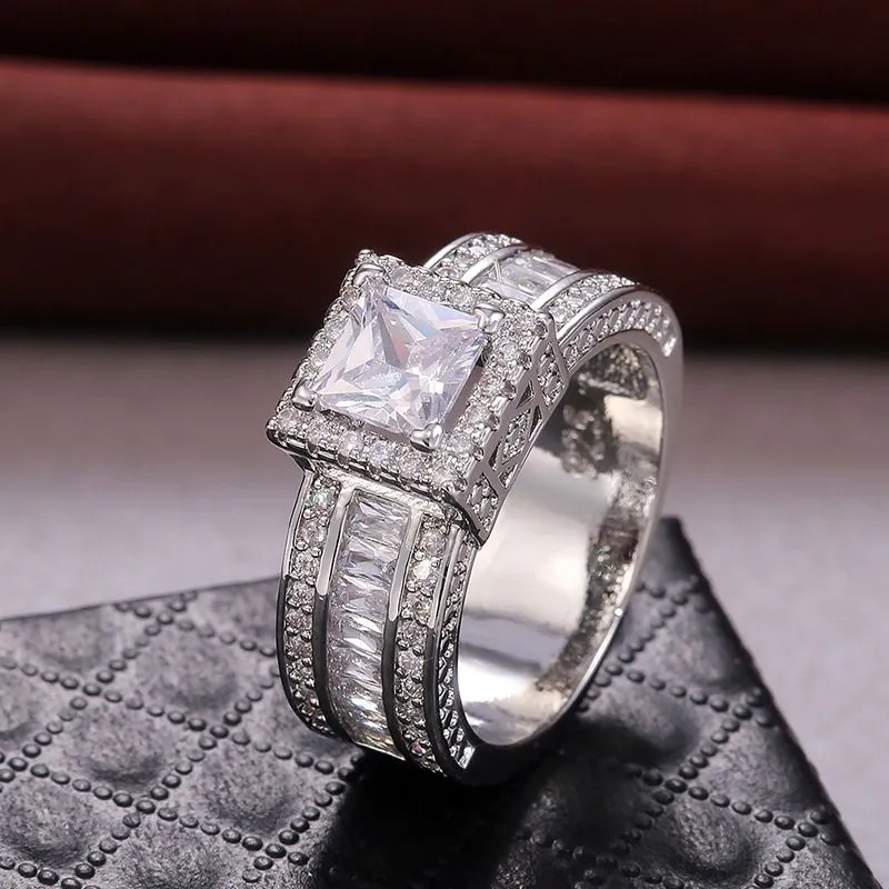 Vintage Court Mens Ring Silver Princess Cut CZ Stone Engagement Wedding Band Rings For Women Jewelry Gift