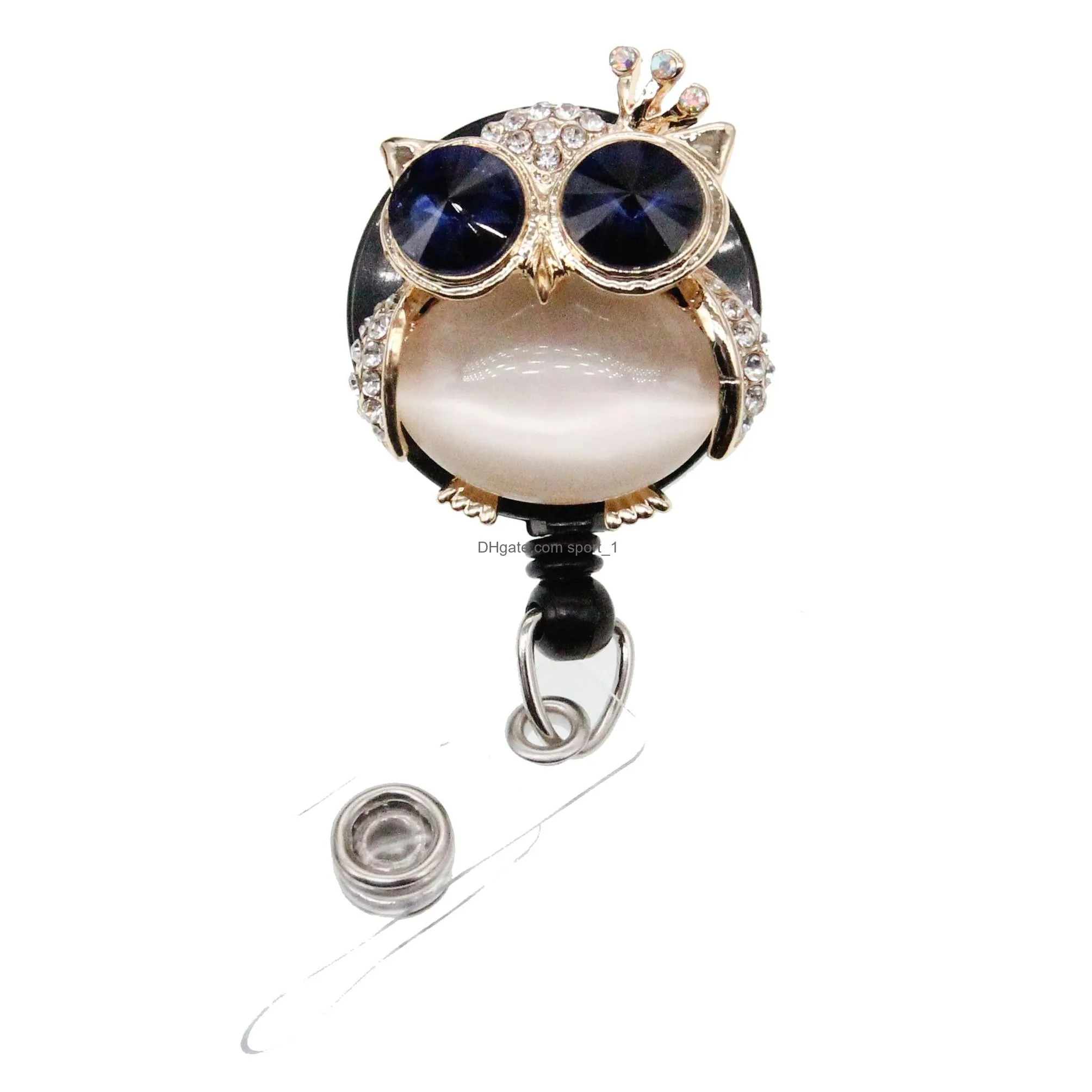 cute key rings owl animal rhinestone retractable id holder for nurse name accessories badge reel with alligator clip