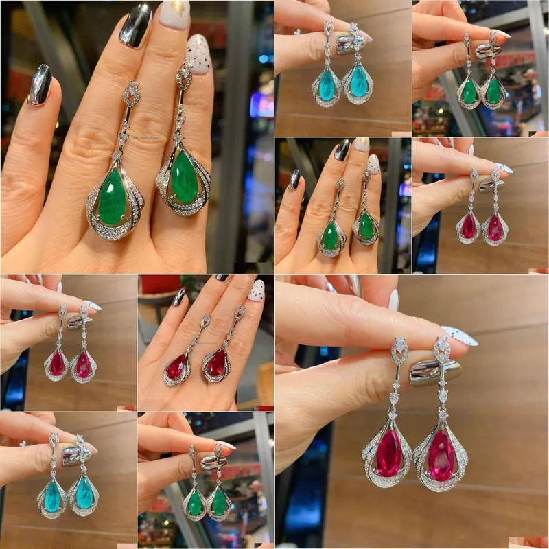 knot ruzzallati silver color simulation diamond paraiba tourmaline water drop earrings women lab emerald stone dangle jewelry