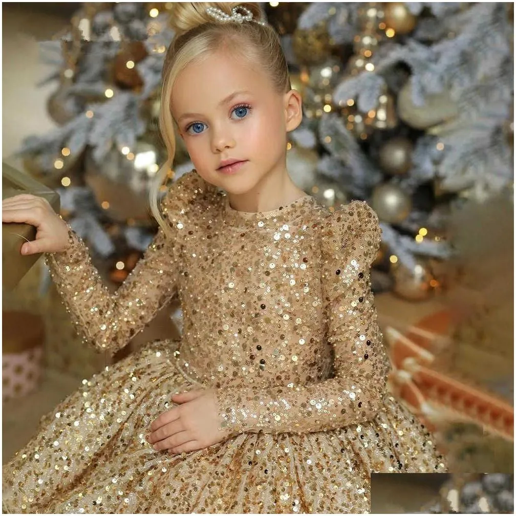 Girl`s Dresses Sequin Kids Dress for Girls Wedding Golden Tulle Lace Girl Dress Elegant Princess Party Pageant Formal Gown For Baptism Come