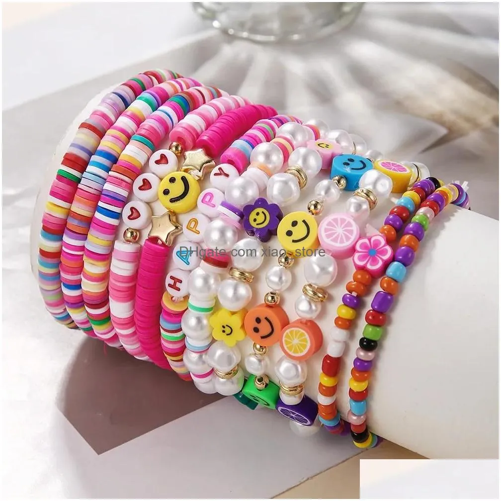 bracelets 12pcs/lot mixed style colorful polymer clay beaded bracelet smiley pearl love star for women girls jewelry set