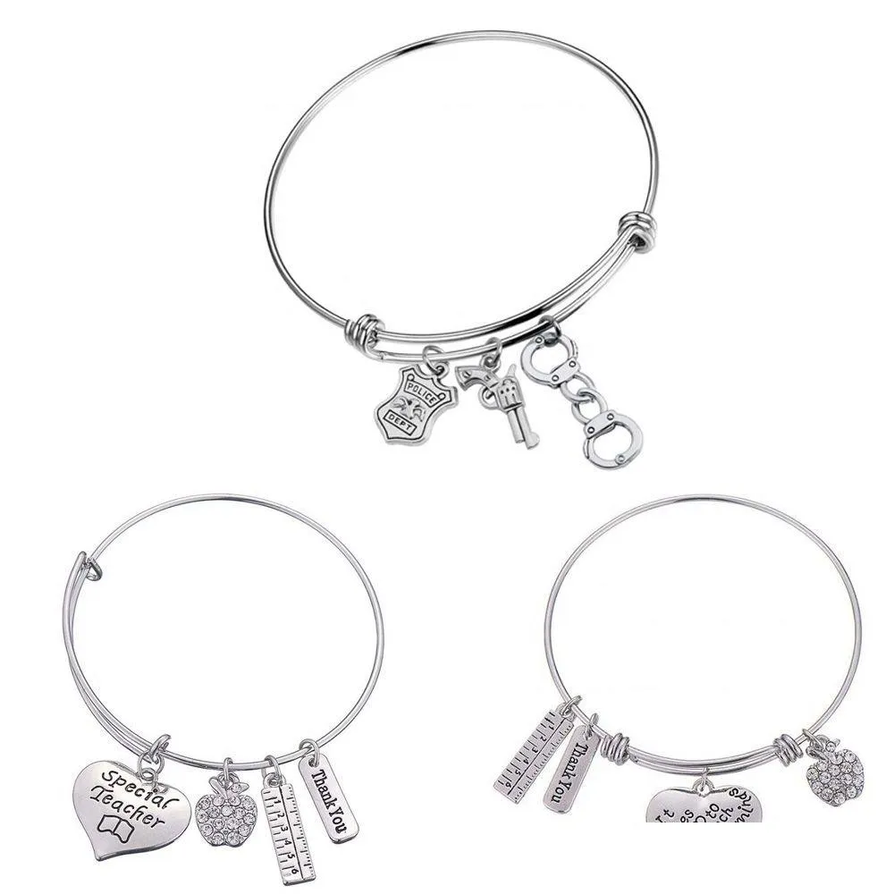 10 pcs/lot fashion accessories stainless steel teacher charms bangle profession bracelet for gift