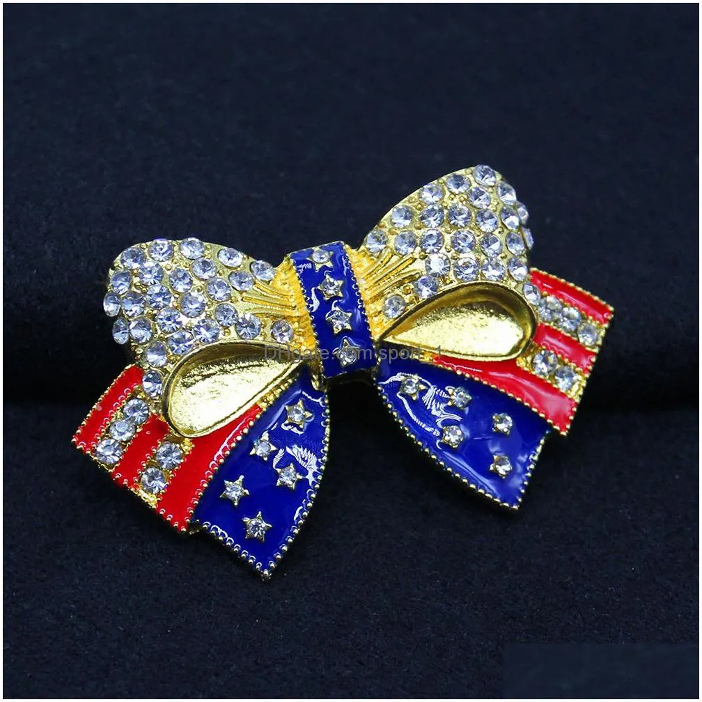 10 pcs/lot american flag brooch crystal rhinestone bow-knot shape 4th of july usa patriotic pin