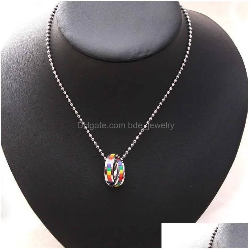  rainbow stainless steel circle pride gay necklace men fashion couple unisex pendant chain high quality jewelry gifts