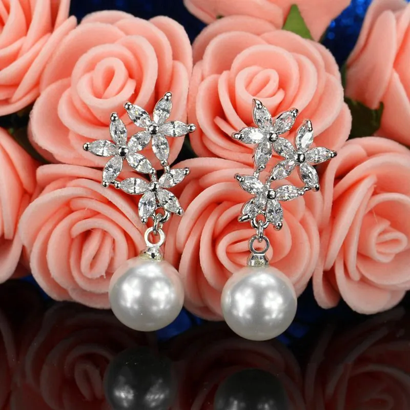 diamond flower designer earring for woman wedding party 3A zirconia white imitation pearl stud earrings luxury long studs jewelry daily outfit girlfriend