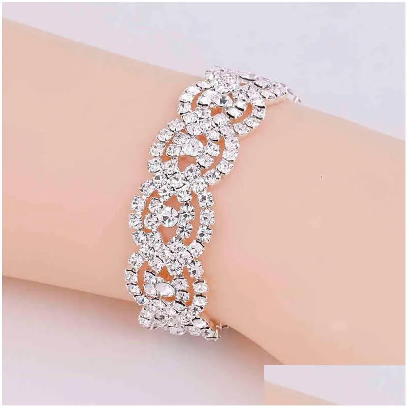 Bangle Designer Treazy Silver Color Rhinestone Crystal Bridal Jewelry Sets for Women Necklace Earrings Bracelet Set Wedding
