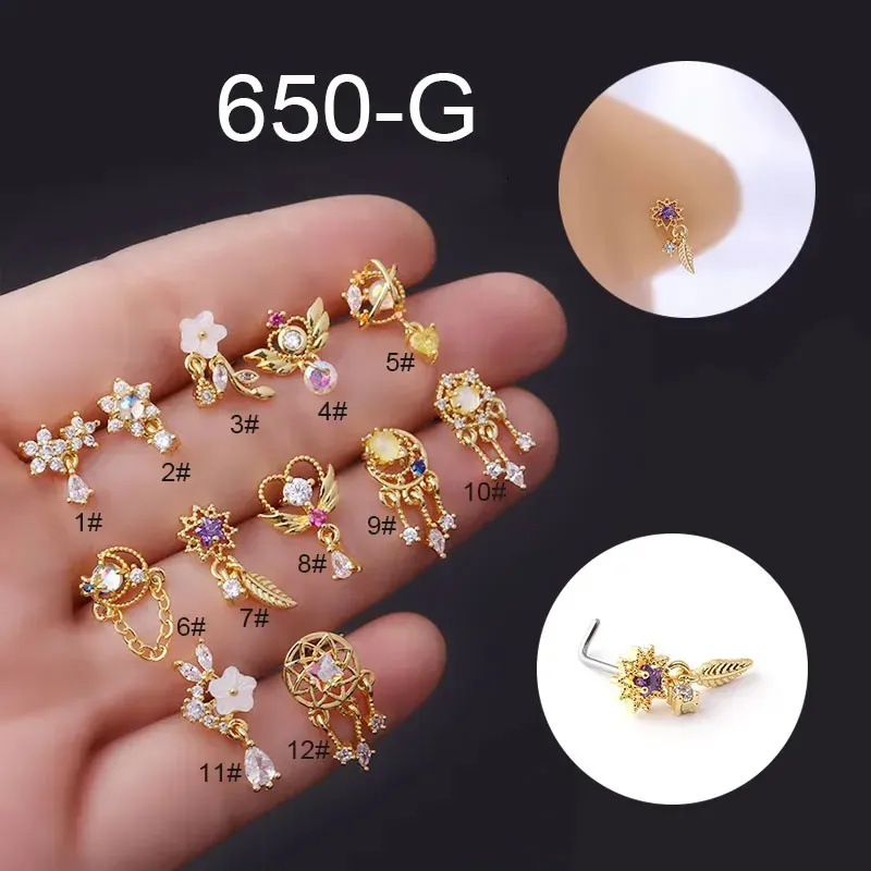 Nose Rings Studs 1Pcs Fashion 316L Stainless Steel CZ Dangle Nose Studs Colorful Indian Screw Nose Rings Nose Piercing Jewelry 231005