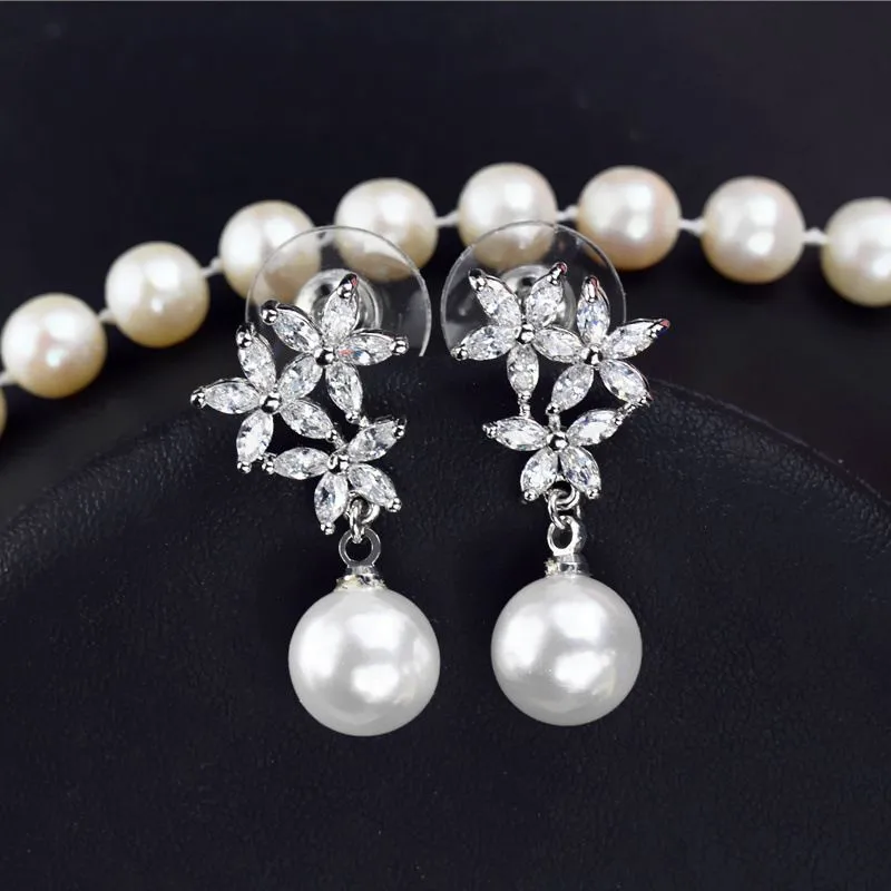 diamond flower designer earring for woman wedding party 3A zirconia white imitation pearl stud earrings luxury long studs jewelry daily outfit girlfriend