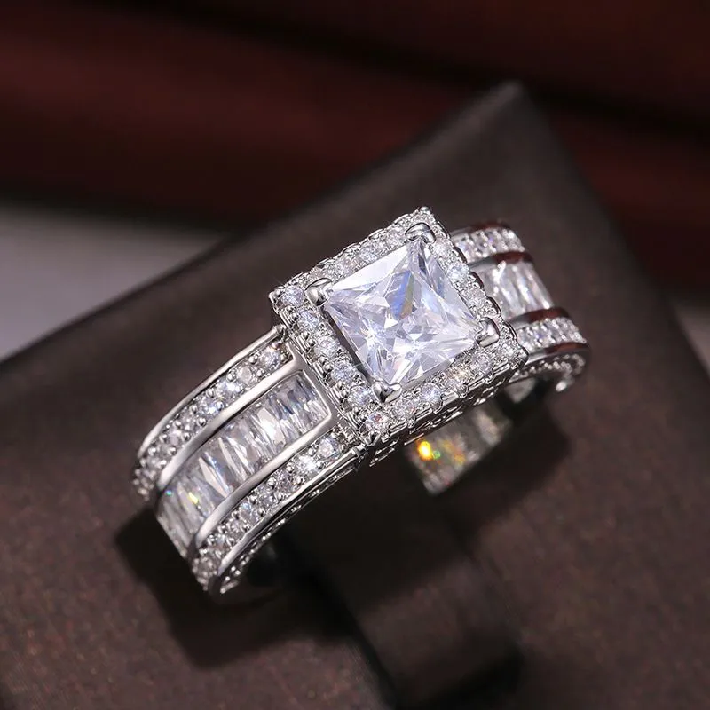 Vintage Court Mens Ring Silver Princess Cut CZ Stone Engagement Wedding Band Rings For Women Jewelry Gift