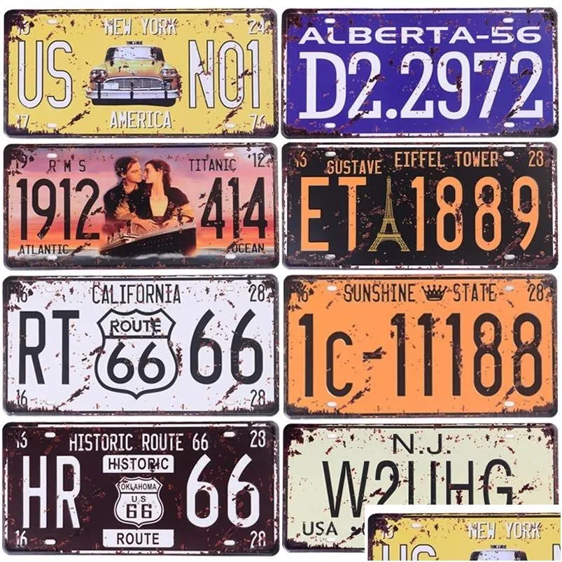 Metal Painting Route 66 Car Number License Sign Vintage France Usa Brazil Mexico Plaque Tin Signs Retro Coffee Movie Wall Decor For Dhsn1