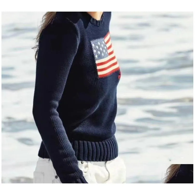 US Women`s outerwear knitted sweater American flag round neck sweater 2023 Winter high-end luxury fashion comfortable cotton pullover 100% cotton