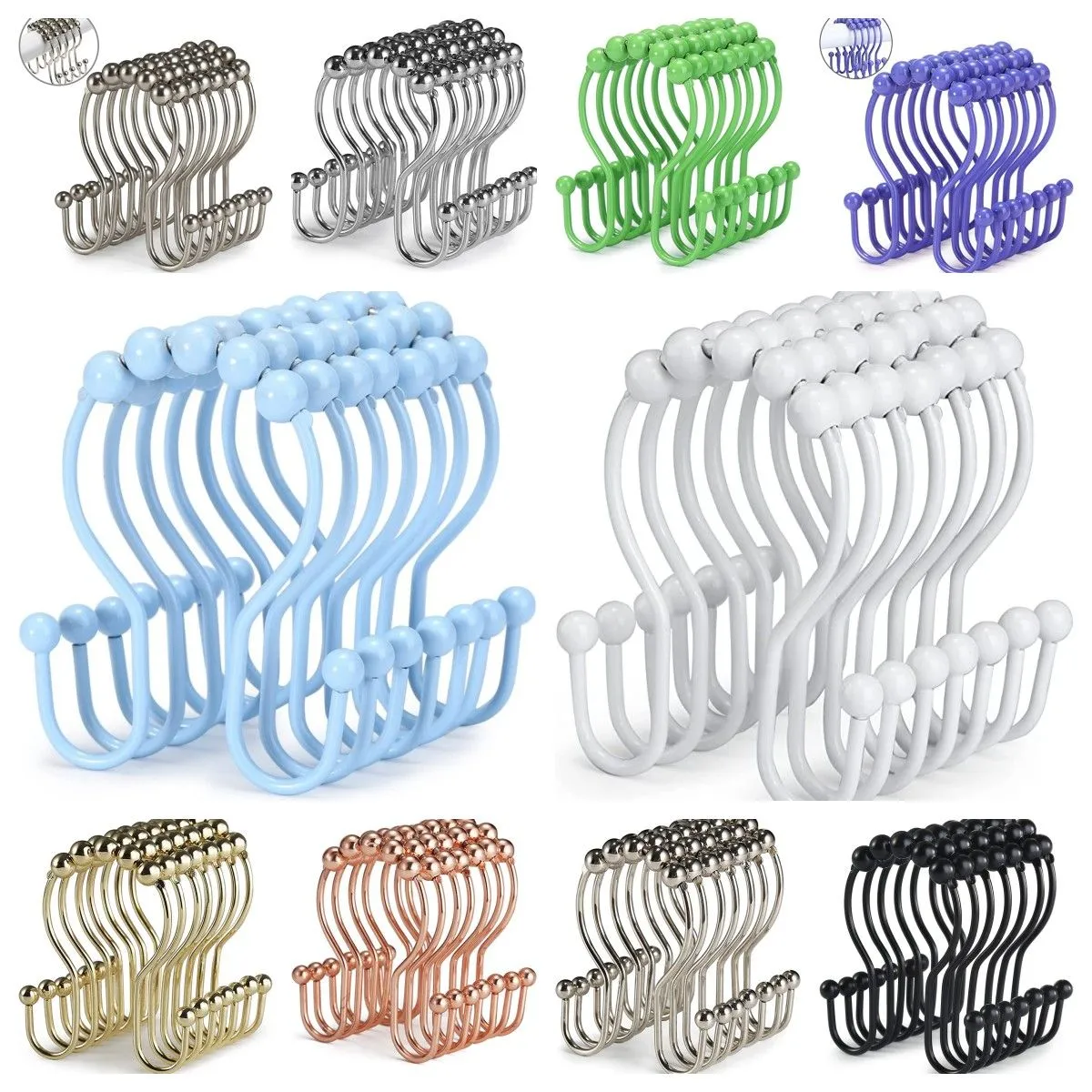 Shower Curtain Hooks 12 Piece Shower Curtain Rings Stainless Steel Roller Anti-Rust Anti-Drop Double Hooks For Curtains Bathroom