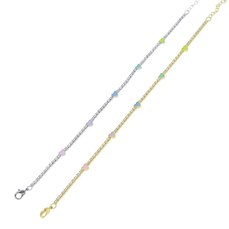 Trendy Delicate Thin Rainbow Color Enamel Mini Heart Love Tennis Chain Bangle Elegant Bracelet Hip Hop Paved Cubic Zirconia Women Party Gift Wholesale