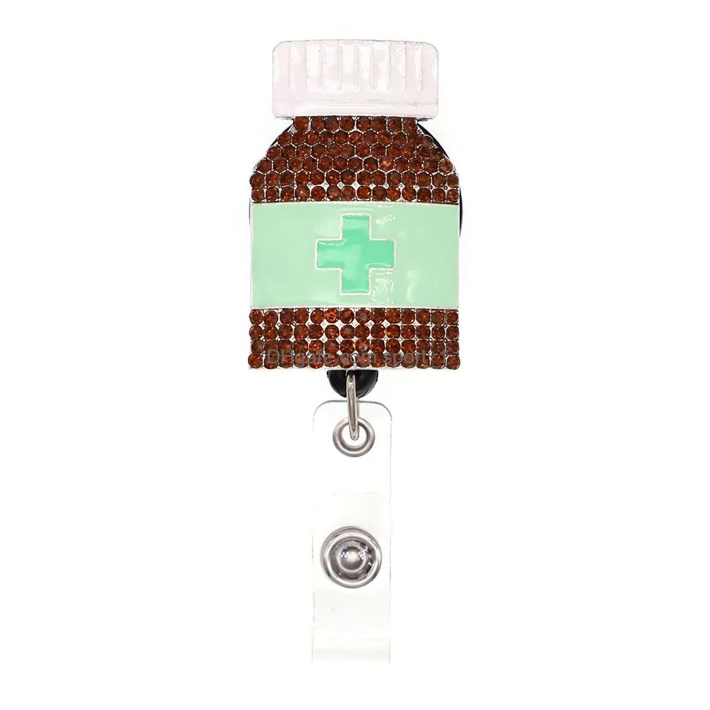 fashion key rings crystal rhinestone medical rx pharmacy pill medicine bottle badge id holder retractable reel for decoration